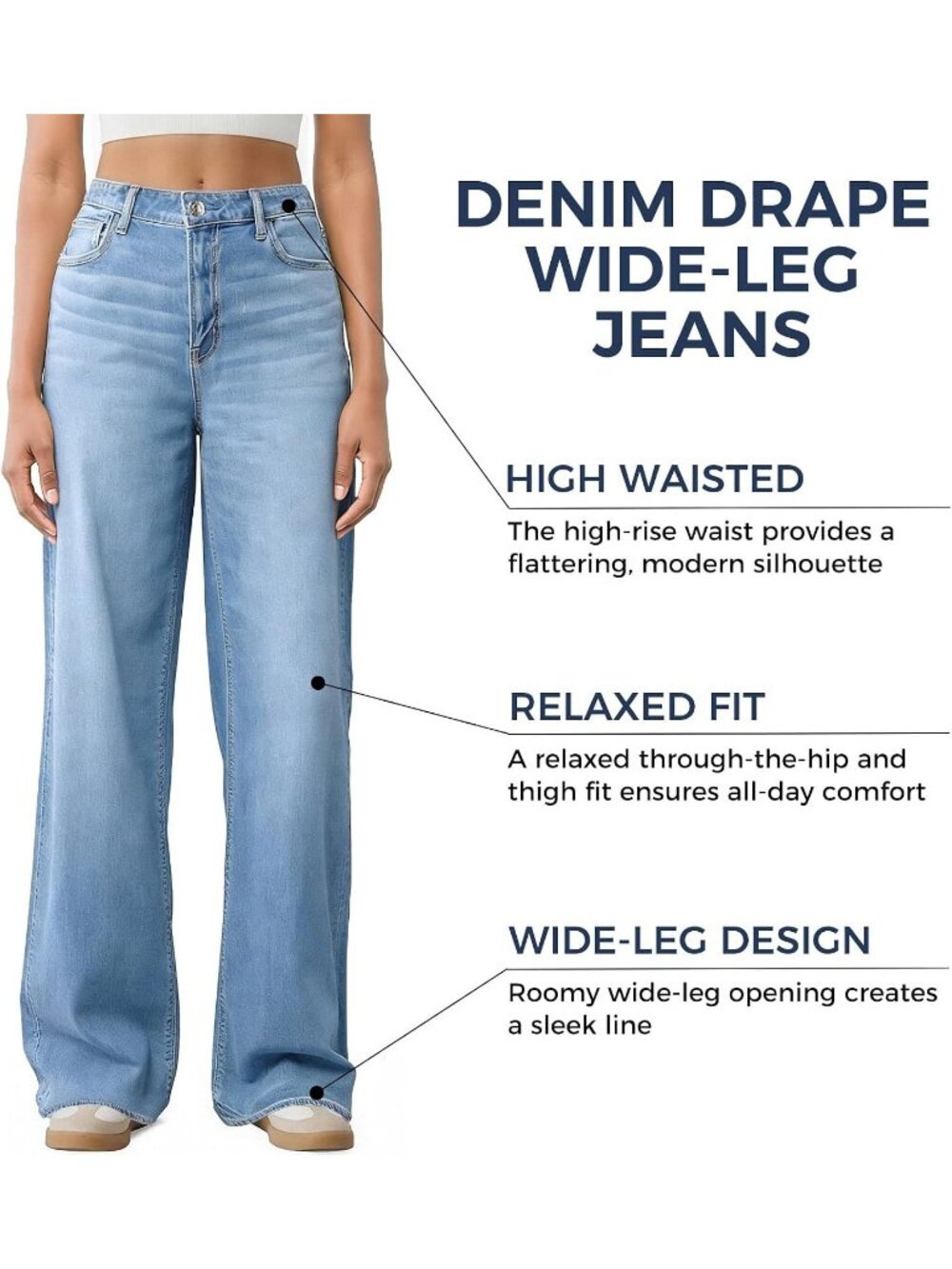 Women's Light Blue High Waisted Baggy Loose Straight Denim Pants Wide Leg Jeans - Picture 5 of 6